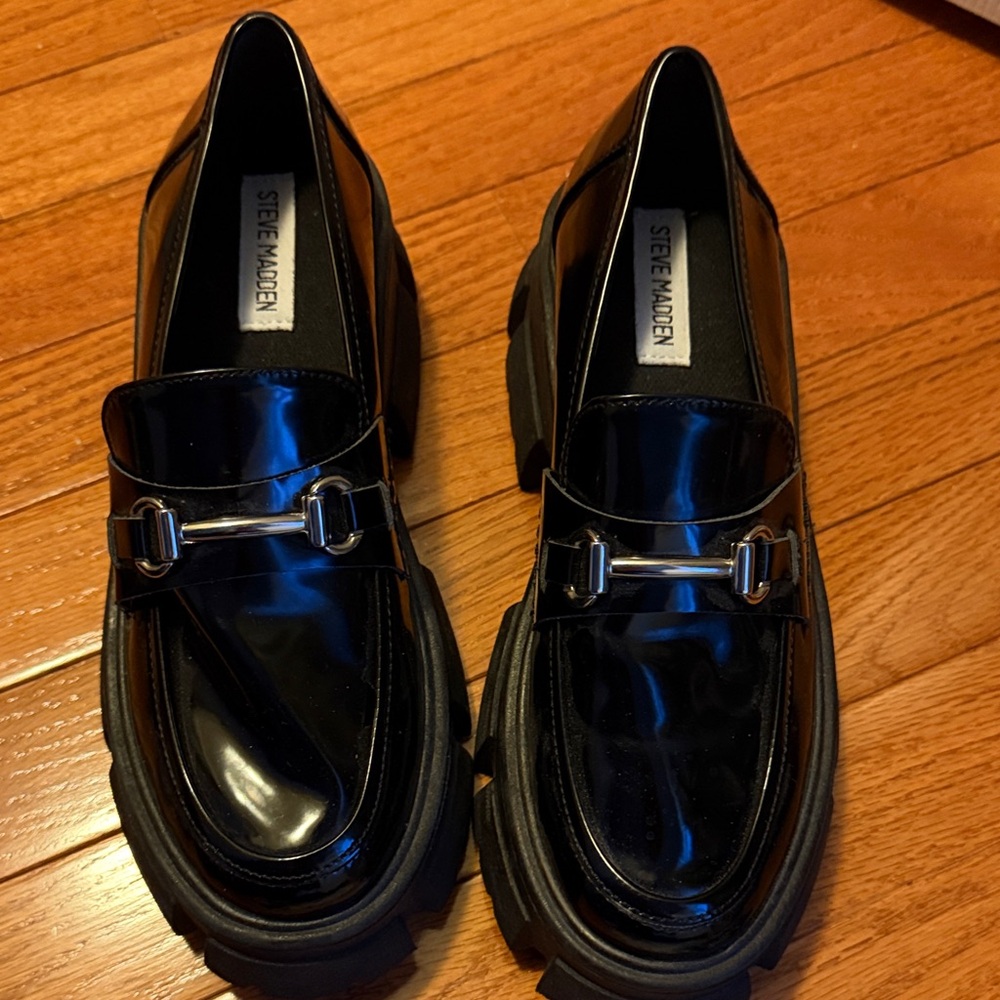 STEVE MADDEN Trifecta platform lug sole loafers in black patent
